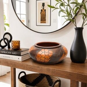 Vintage Hand Carved Wood Bowl Afrobohemian Global Boho Folk Art Catchall 8.5"